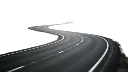 A winding road curves out of view hinting at themes of travel, paths, or journeys