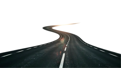 A winding road curves out of view hinting at themes of travel, paths, or journeys