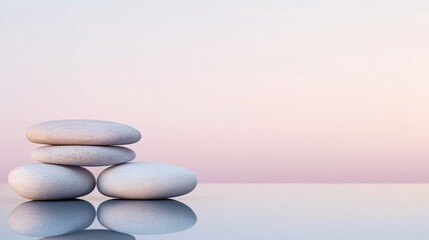 clean and minimalist rendering of decorative stones resting on reflective surface set against smooth gradient background