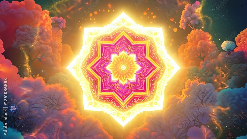 Poster a colorful flower with a sun in the center. the flower is surrounded by clouds and stars. the sky is