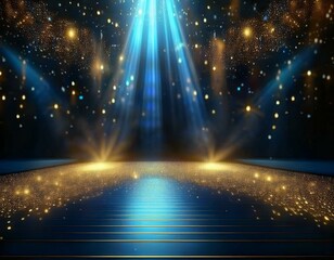 Obraz premium Dark blue stage with golden spotlight lines and glitter texture for award ceremony design. Realistic 3d abstract premium elegant glamour background template for anniversary or winner rewarding.