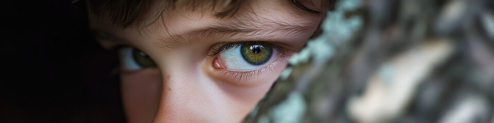Close-up Photograph of Child's Eyes Partially Hidden Behind Tree Bark