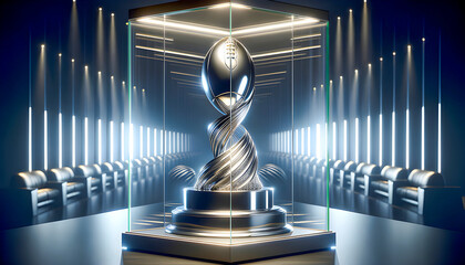 a gleaming chrome football trophy rests in a glass display case, backlit to highlight its polished surface and intricate design, symbolizing excellence and achievement in the sport