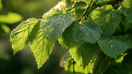 Dew-covered green leaves glistening in morning sunlight forming a fresh and revitalizing nature setting