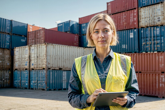 A woman engineer in a yellow safety vest checks acceptance of containers stands in front of a stack of shipping containers. She is holding a tablet in her hand