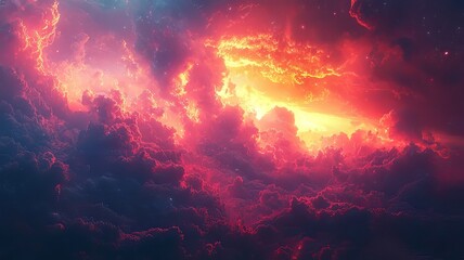 Naklejka premium Vibrant cosmic clouds illuminated by fiery hues, creating a stunning celestial backdrop perfect for space-themed projects and designs.