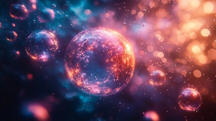 Vibrant cosmic spheres floating in a colorful nebula, showcasing a mesmerizing blend of blues, purples, and oranges for a captivating space-themed visual.
