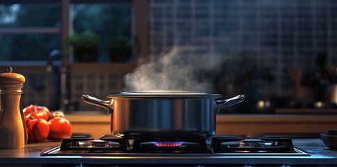 A stainless steel pot releasing steam while cooking on a modern induction stove in a sleek, ambient kitchen
