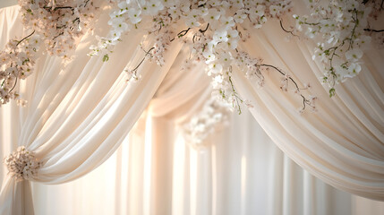 Dreamy white draped canopy decorated with delicate blossoms for a wedding background