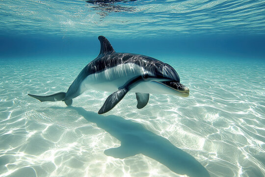 A Hector's Dolphin Swimming In Clear Ocean Water, Playful And Graceful