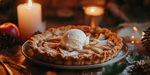 Apple Pie with Vanilla Ice Cream:  A mouthwatering apple pie with a golden crust and a scoop of vanilla ice cream, garnished with powdered sugar.