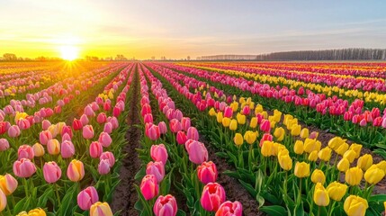 A breathtaking tulip field at sunrise, endless rows of vibrant flowers in shades of pink, yellow, and red, bathed in warm golden light, symbolizing