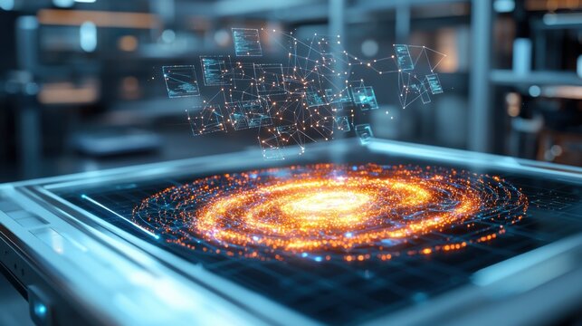 A breathtaking AI generated holographic model of the universe, glowing galactic maps forming in mid air, floating complex astrophysical equations