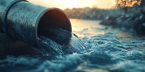 Industrial Wastewater Discharge from Rusty Pipe On Natural River