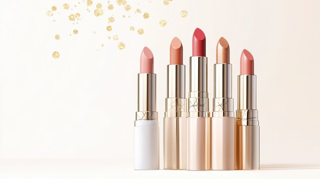 A collection of lipstick tubes standing elegantly, with soft glowing golden sparkles floating around them, symbolizing sophistication and beauty trends
