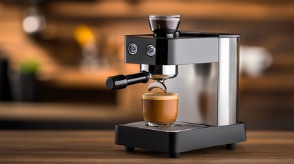 Espresso machine brewing a fresh cup of coffee on a wooden countertop in a cozy kitchen setting