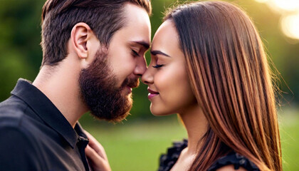 Fototapeta premium Close-up portrait of a couple with their foreheads touching, their eyes closed in a peaceful, intimate moment.