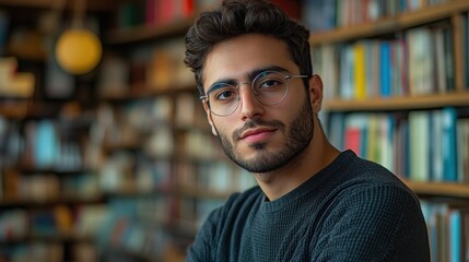 Captivating gaze of a young man in a cozy library filled with books during the afternoon