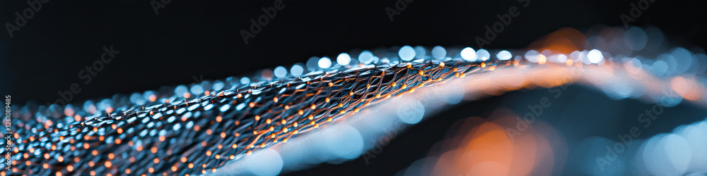 Poster close-up photograph of interwoven metallic netting with bokeh lighting