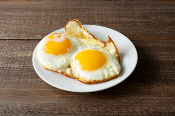 A view of a plate of fried eggs.