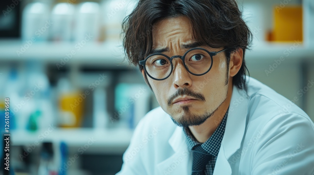 Poster doctor in a laboratory setting focuses intently while analyzing samples during a busy afternoon in t