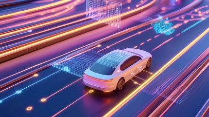 Fototapeta premium A futuristic AI controlled autonomous city transport system, glowing traffic navigation grids and floating real time vehicle route calculations