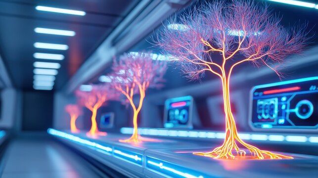 A futuristic alien biosphere, glowing bioluminescent trees, floating plants with neon roots, advanced AI driven ecosystem, atmospheric mist
