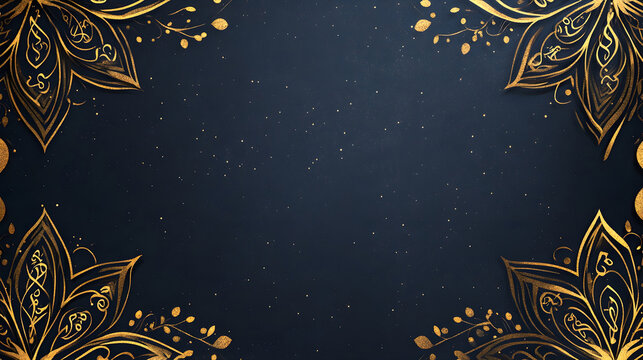 Elegant dark blue background with golden arabesque patterns and spiritual calligraphy for a sacred atmosphere