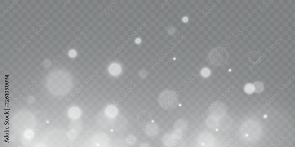 Poster Bokeh light lights effect background. White png dust light. Christmas background of shining dust Christmas glowing light bokeh confetti and spark overlay texture for your design.