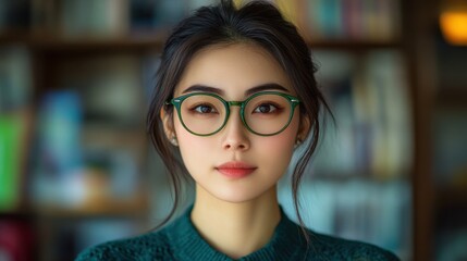 Elegant young woman in stylish glasses poses in a cozy library setting surrounded by colorful books