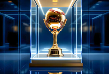 a gleaming chrome baseball trophy sits proudly in a glass backlit display case, reflecting light and showcasing its intricate design, symbolizing achievement and sportsmanship in a prestigious manner