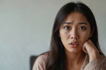 Face of Asian woman with a dubious expression and surprise looking at camera. Family problems, fear