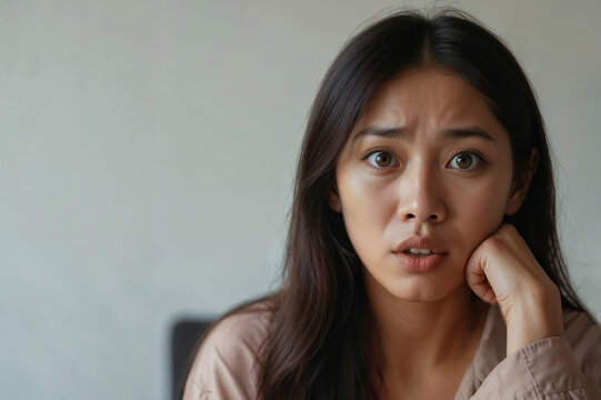 Face of Asian woman with a dubious expression and surprise looking at camera. Family problems, fear
