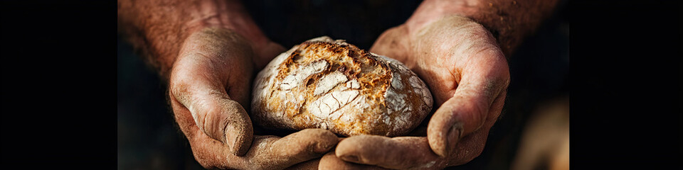 Weathered Hands Holding Loaf of Rustic Bread