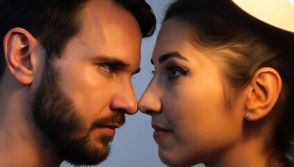 Extreme close-up portrait of a couple leaning in, their noses almost touching, with soft light from a nearby lamp casting gentle shadows on their faces.