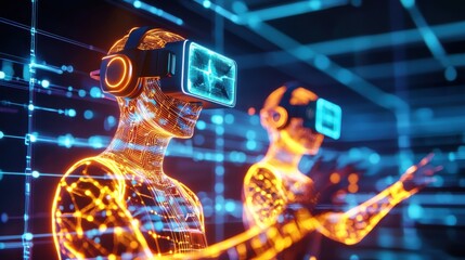 A futuristic virtual concert with glowing neon holographic performers, dynamic AI generated light visuals, floating immersive sound waves, digital audience