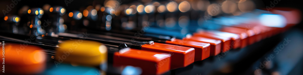 Poster close-up of colored rectangular components on a dark surface