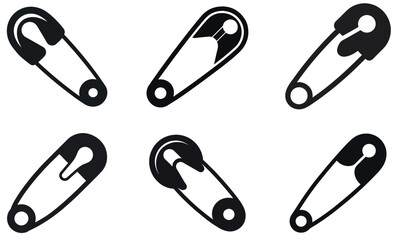 This image showcases six different, stylized safety pin icons, perfect for use in any design.