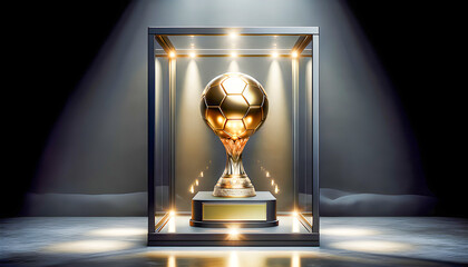 A shiny gold football trophy gleams in a glass backlit display, showcasing its impressive design and reflecting the glory of victory, captured in a moment of excellence