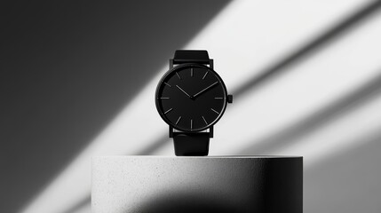 Elegant black watch on a minimalist pedestal, with dramatic shadows creating a stylish ambiance
