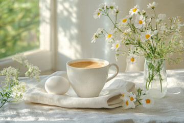 Fototapeta premium Tenderness Easter decoration with eggs and cup. vintage French-style photography with soft focus edges, subtle grain