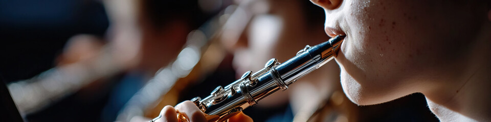 Fototapeta premium Close-up of Person Playing a Silver Flute