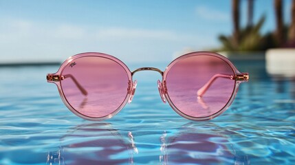 Stylish pink sunglasses resting on shimmering blue water under a clear sky at a tropical getaway