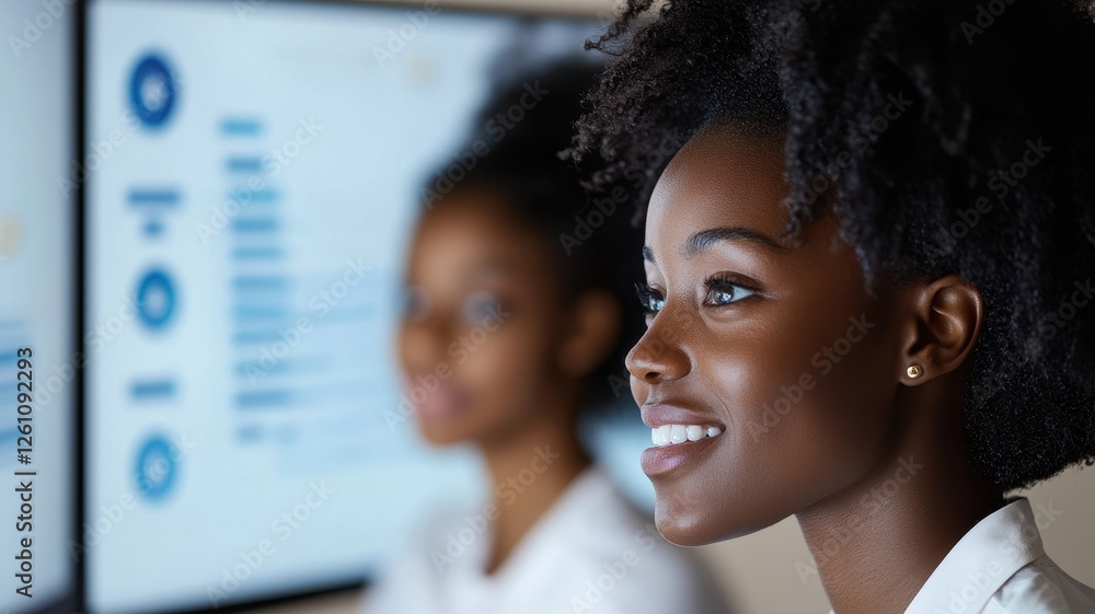 Poster business branding and operations. two women engaged in work, smiling, with computer screens displayi