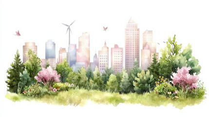 serene watercolor of lush green city with trees, flowers, and buildings. scene features blend of nature and urban elements, creating peaceful atmosphere