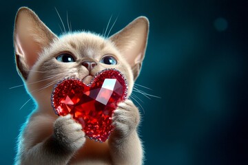 Oriental shorthair - my cherished cat. Cute oriental shorthair young cat with sparkling rhinestones red heart - emblem of love, funny greeting card. Promotion concept graphic design.