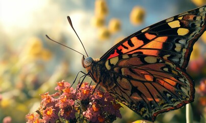 Vibrant butterfly feeding on flowers, sunlit scene.