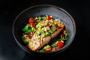 Fresh Seafood Delight on Plate with Seared Salmon, Crab, and Tomato