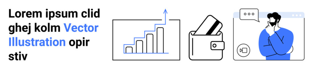 Graph showing business growth, wallet with credit card representing financial management, and a person in a virtual consultation. Ideal for business strategy, finance, credit services, virtual