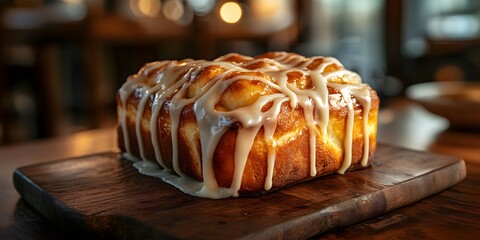 Fototapeta premium Cream Cheese Swirl Bread: A delectable loaf of cream cheese swirl bread, glistening with a rich, creamy glaze, sits on a rustic wooden board. The warm lighting enhances its irresistible appeal.